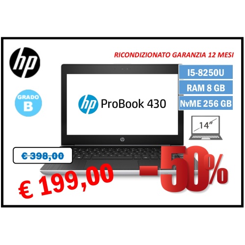 HP ProBook 430 G5 Notebook PC, Intel Core i5 8250U, 8 GB DDR4, NvME 256 GB, Display IPS 13.3" Antiriflesso 1920 x 1080 FHD IPS, Argento Naturale